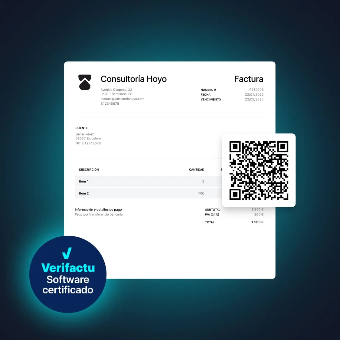 Factura electrónica con código QR y sello Verifactu