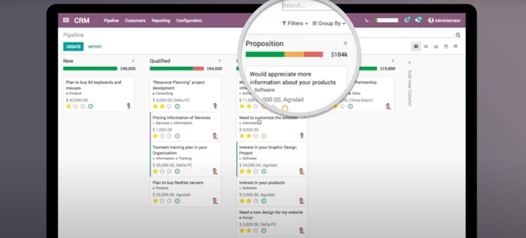 Captura de pantalla del CRM de Odoo.