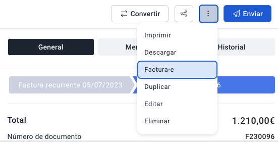 Opciones donde se debe elegir “Factura-e” después de crear una factura