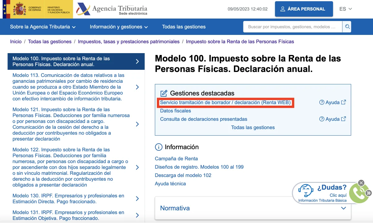 Captura de pantalla de la página web de la Agencia Tributaria donde puedes revisar el borrador de la declaración de la Renta. 