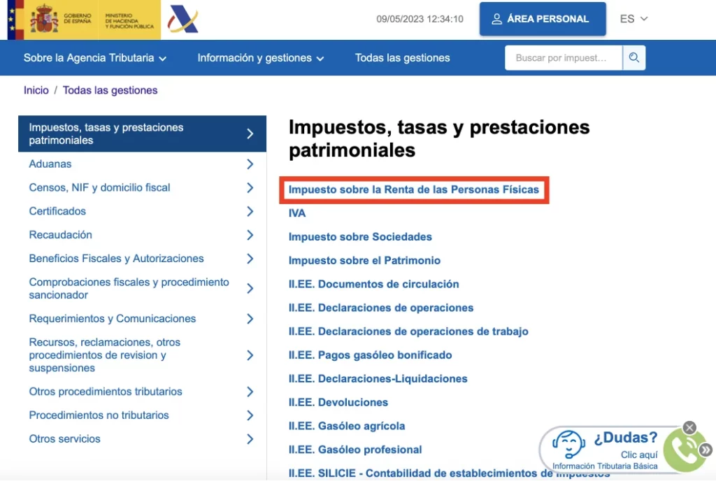 Captura de pantalla de la web de la Agencia Tributaria donde puedes mirar el 'Impuesto sobre la Renta de las Personas Físicas'