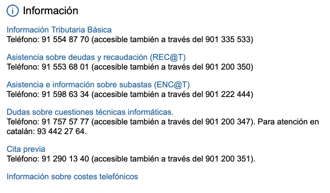 Captura de pantalla de la página web de la Agencia Tributaria donde aparecen los números de teléfono para hacer distintas consultas.