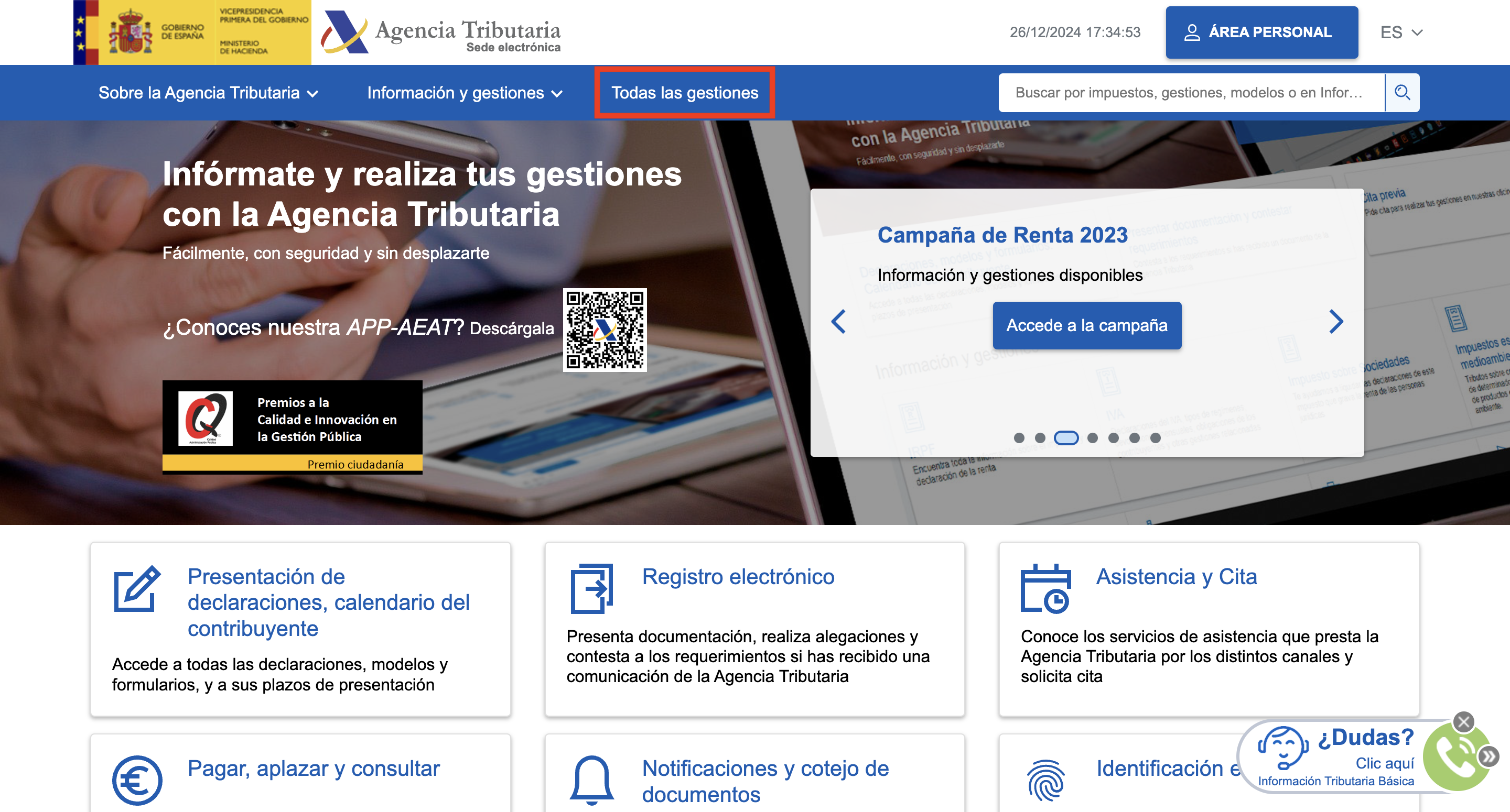 Captura de pantall de la Home de la página web de la Agencia Tributaria.