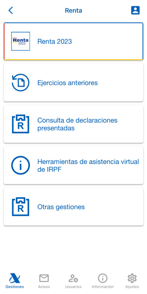 Captura de pantalla de las acciones que puedes realizar dentro de la app de la Agencia Tributaria.