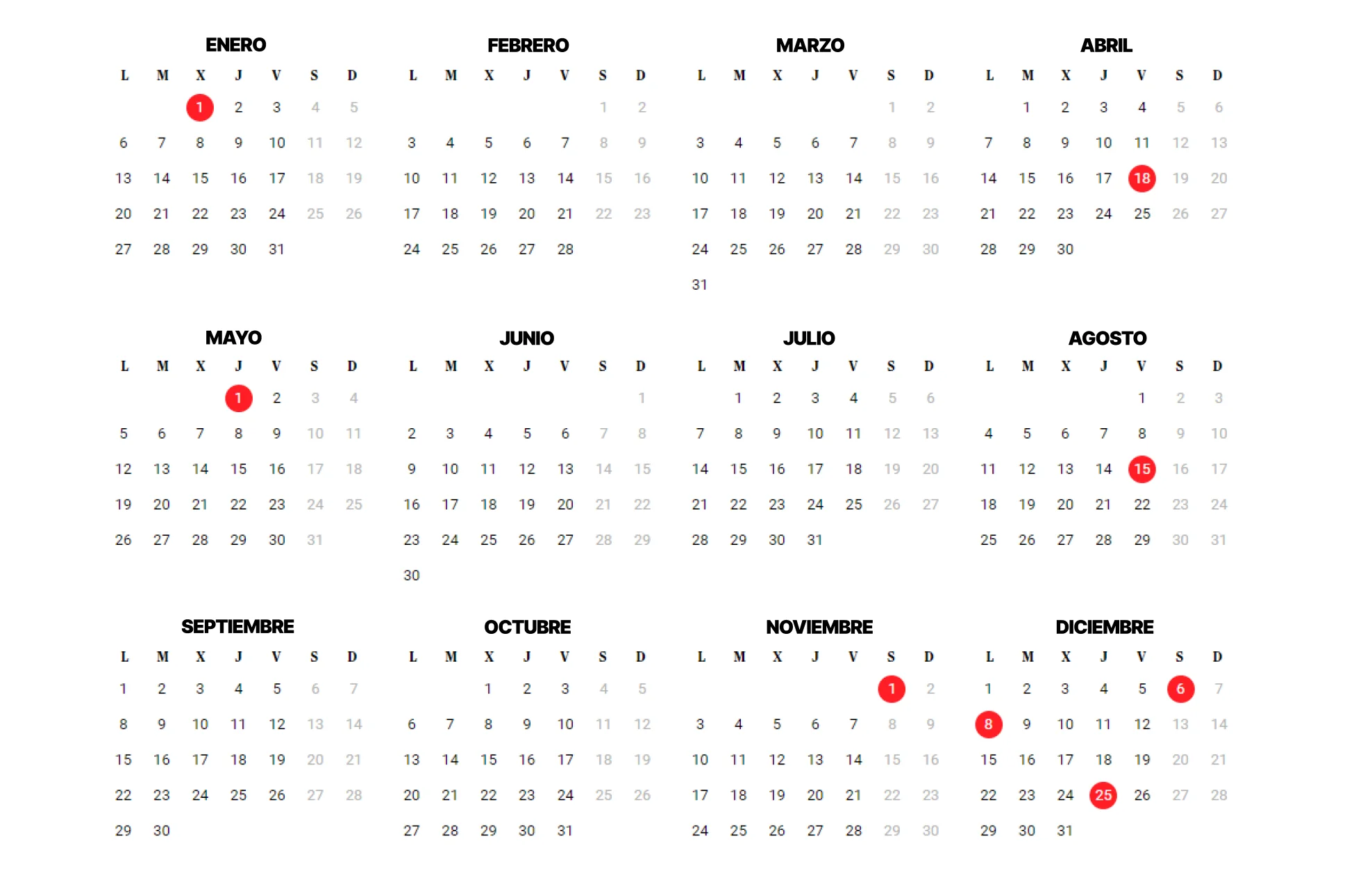 Calendario laboral de festivos nacionales 2025